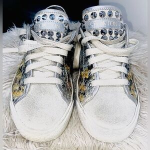 Women’s Stockton Leather Snakeskin Pattern Lace Up Casual Sneakers Metal Studs